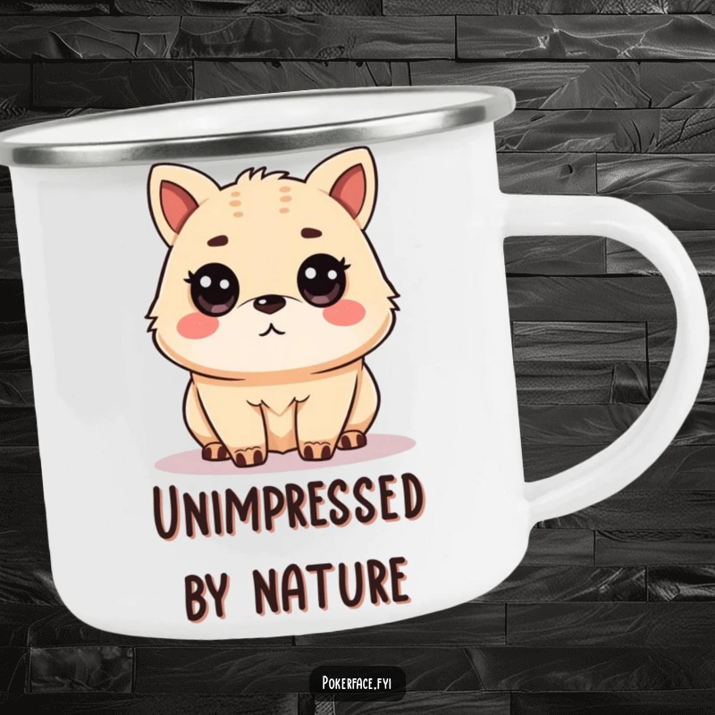 Funny Camping Mug showing an unamused animal character with a level gaze, perfect for outdoor enthusiasts with a dry sense of humor, a funny gift.