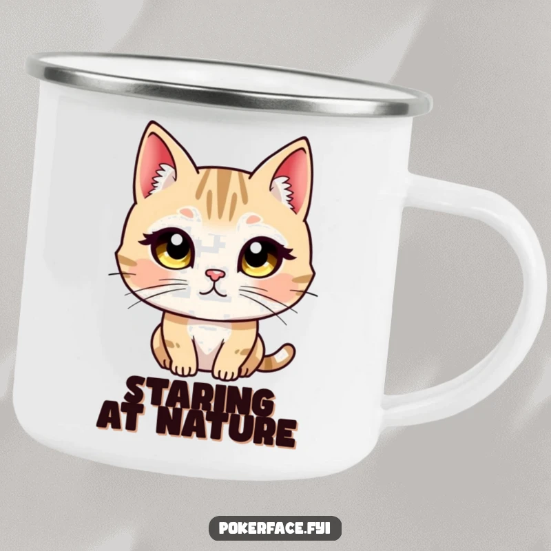 Funny camping mug shows a cat character with wide, unblinking eyes maintaining a direct, unwavering, and intense stare.