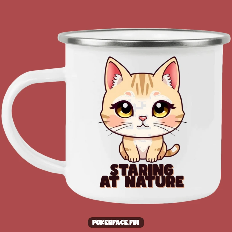 Funny Unblinking Cat Camp Mug - Intense Feline Outdoor Gift