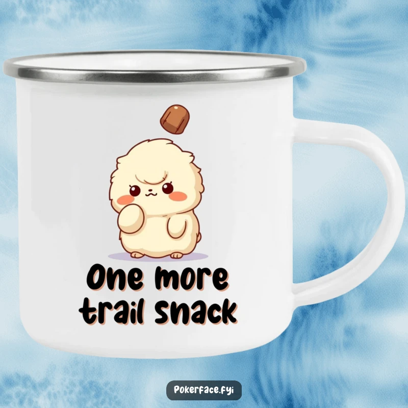 Funny Unbothered Creature Camping Mug: Fluffy creature holding up a finger, unbothered by falling object, perfect for funny outdoor moments.