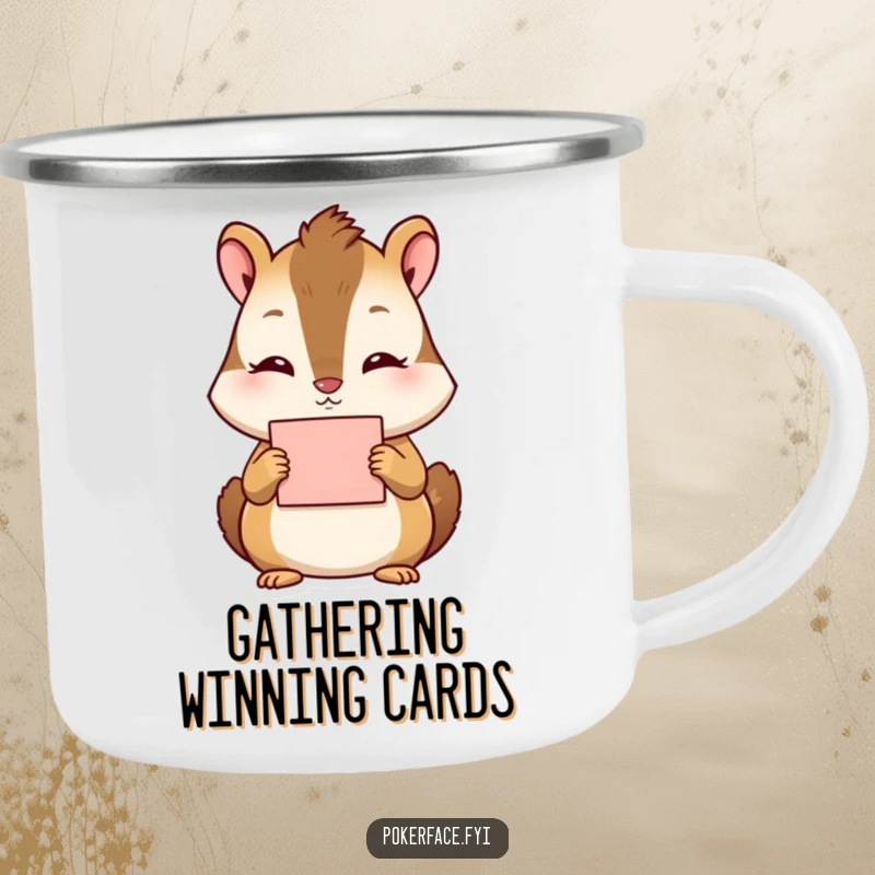 Funny Chipmunk Camping Mug: Tranquil chipmunk holding a card with no emotion, sturdy for outdoor calm.