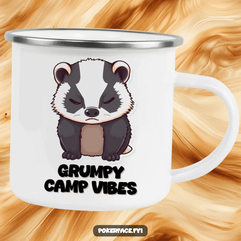 Funny grumpy badger with neutral expression, closed eyes on a camping mug.