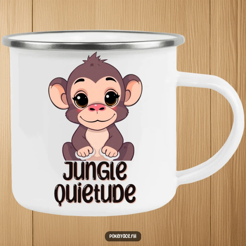 Funny Monkey Camping Mug showcasing a primate with a completely still expression, radiating outdoor zen humor and a tranquil vibe, perfect for adventurers and gift.