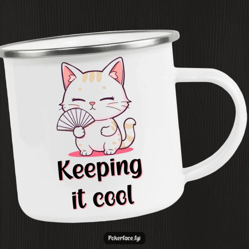 Funny camping mug with a cat holding a fan and a blank expression, perfect for outdoor humor and meme fans.