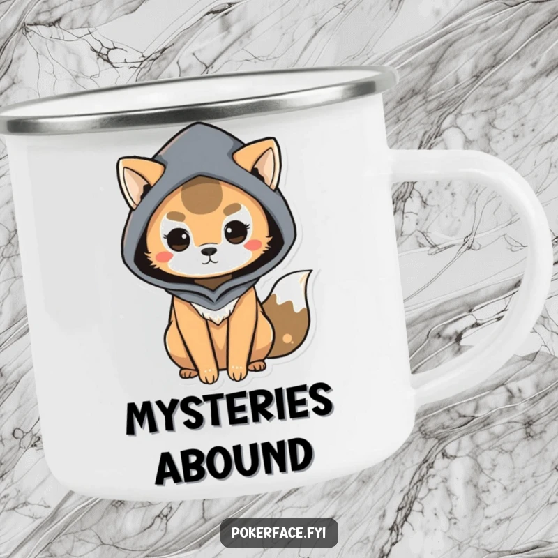 Funny Camping Mug showing a mysterious animal character with subtle body language, ideal for outdoor adventures and a funny gift.