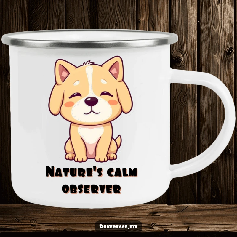 Funny Camping Mug showcasing a calm dog character with a neutral, unmoving posture, perfect for peaceful outdoor enjoyment.