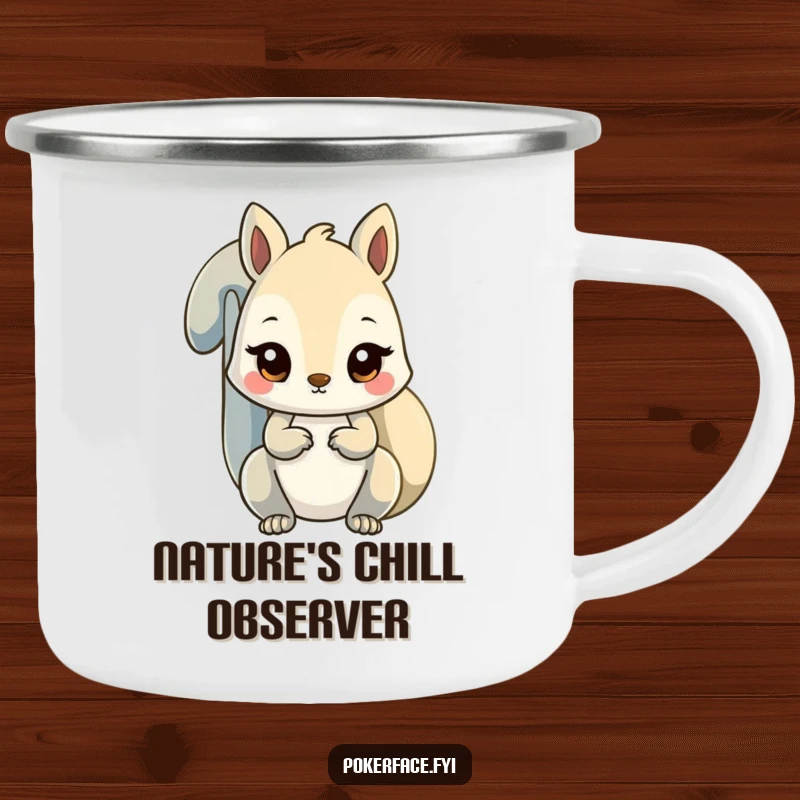 Funny unfazed squirrel camping mug with a squirrel character having a steady stare, perfect for outdoor use.