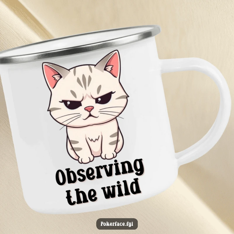 Funny Camping Mug showcasing a stoic cat character with a perfectly unreadable expression, perfect for mysterious outdoor enjoyment.