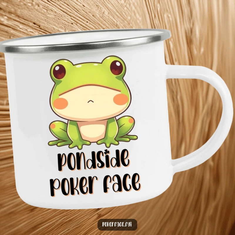 Funny Frog Camping Mug showcasing an impassive frog, radiating outdoor deadpan humor and a stoic vibe, perfect for adventurers and as a gift.