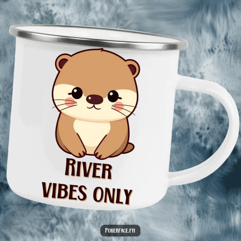 Funny Otter Camping Mug with an impassive character's uniformly even face, durable and perfect for outdoor adventures.