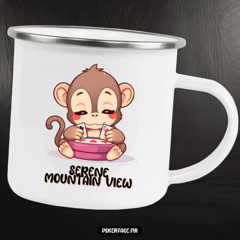 Funny Kawaii Monkey Camping Mug: A kawaii monkey with serene eyes observing a card game, ready for peaceful sips on any adventure.