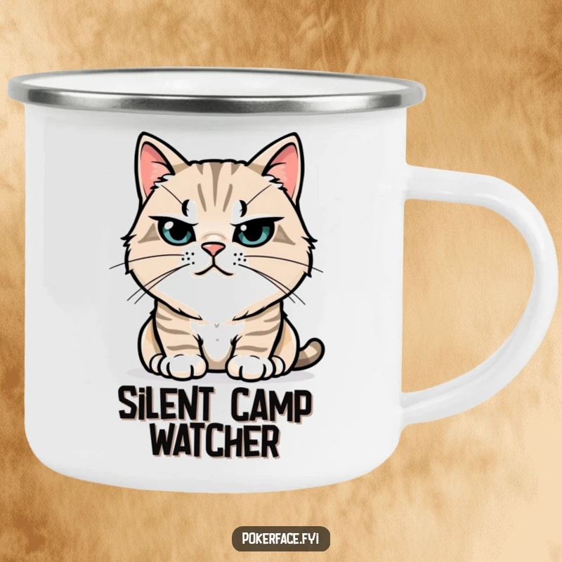 Funny Camping Mug: Stoic cat character with perfectly still whiskers, perfect for outdoor drinks with a dose of feline humor and calm.