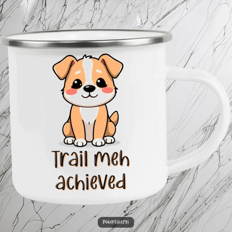 Funny Camping Mug: A Dog Character with an Unexcited Tail Wag Sitting by a Campfire.