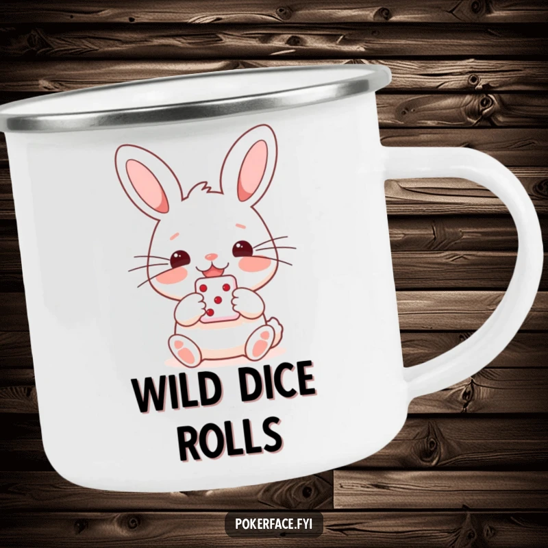 Funny camping mug featuring a happy rabbit character with straight whiskers, holding a single die, ideal for enjoying drinks outdoors.