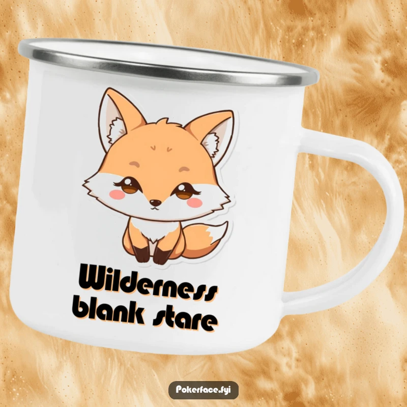 Funny Camping Mug: Fox character with a blank stare and wide eyes, perfect for outdoor drinks with a dose of humorous surprise.