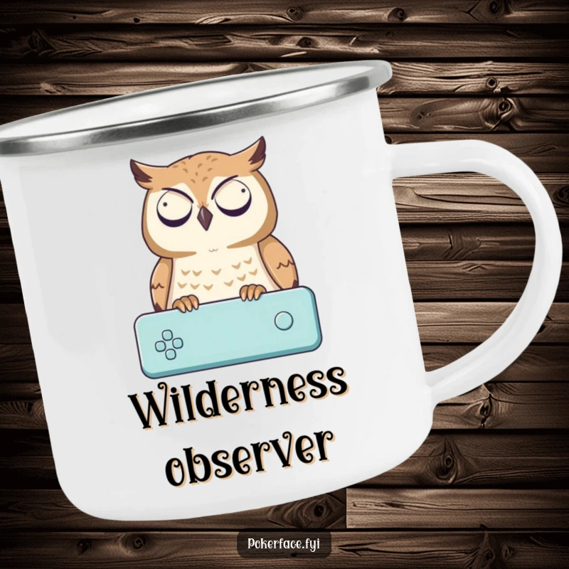 Funny Camping Mug: An impassive owl character watching a game, a rugged and funny gift for campers.