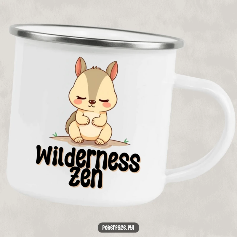 Funny Squirrel Camping Mug showcasing an unnervingly calm squirrel, radiating outdoor humor and serene vibes, perfect for adventurers and as a gift.