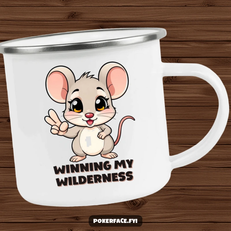 Funny mouse camping mug featuring a poker champion mouse with a winning hand and unblinking eyes, perfect for outdoor games.