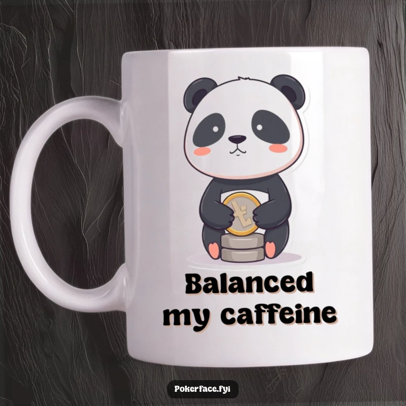 Funny Panda Coin Mug showing a panda with a stoic face balancing a single coin, embodying humorous tranquility and focus.