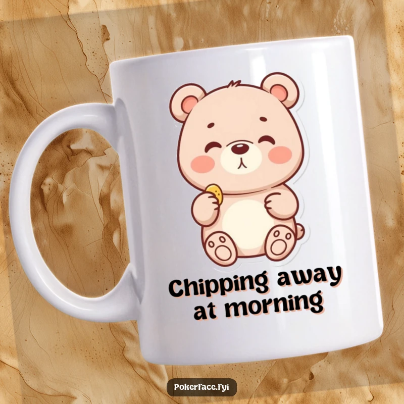 Funny mug featuring a delighted bear with a neutral expression, happily holding and about to eat a tiny chip.