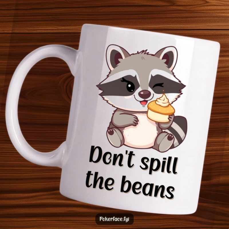 Funny mischievous raccoon winking, about to toss a tiny cream pie on a mug.