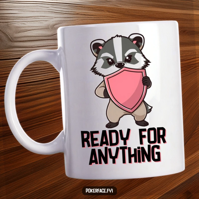 Funny Badger Shield Mug showing a determined badger holding a shield with no expression, embodying humorous resilience.