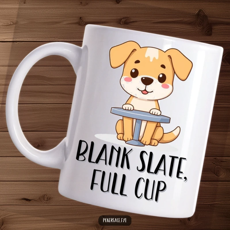 Funny dog character with a completely blank face sitting patiently at a table, printed on a humorous mug.