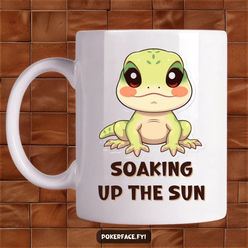 Funny lizard mug featuring a calm lizard character remaining perfectly still with eyes forward, embodying peaceful humor.