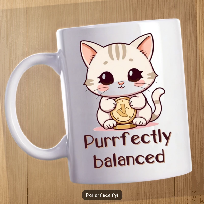 Funny mug featuring a smiling cat with completely neutral eyes, serenely balancing a single coin on its nose, exuding quiet humor.