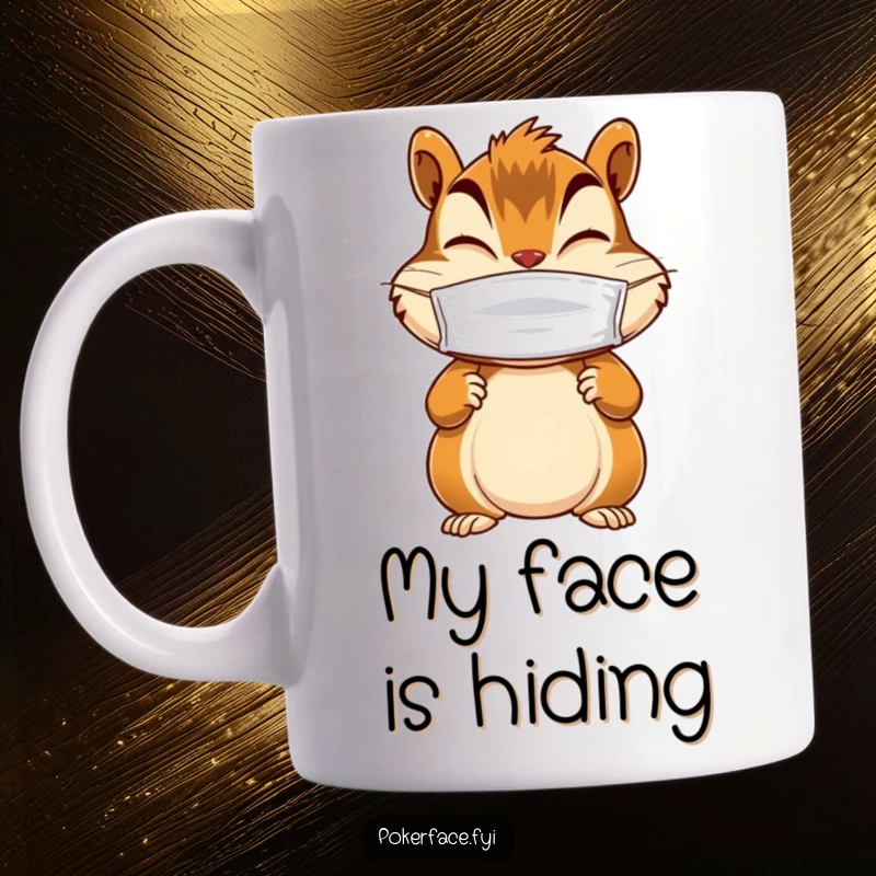 Funny mug featuring a giggling chipmunk character with still paws, wearing a blank mask, hinting at a funny secret.