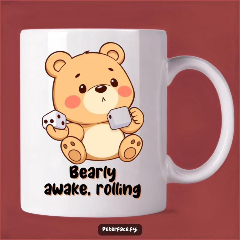 Funny Emotionless Bear Mug: Holding Dice - Poker Face Funny Gift!