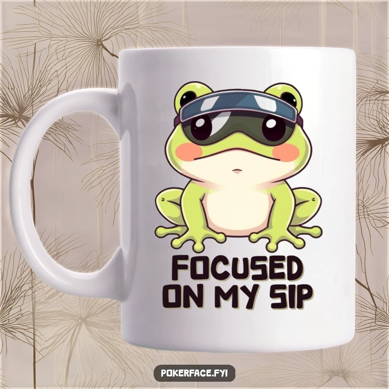 Funny Frog Visor Mug showing a frog with a completely still face and a tiny visor, embodying humorous stoicism.