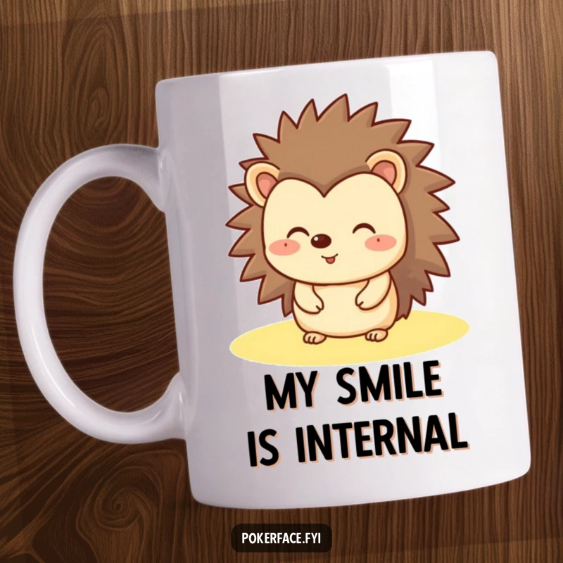 Funny Hedgehog Mug showing a happy hedgehog with a flat, unchanging expression, embodying humorous contentment.