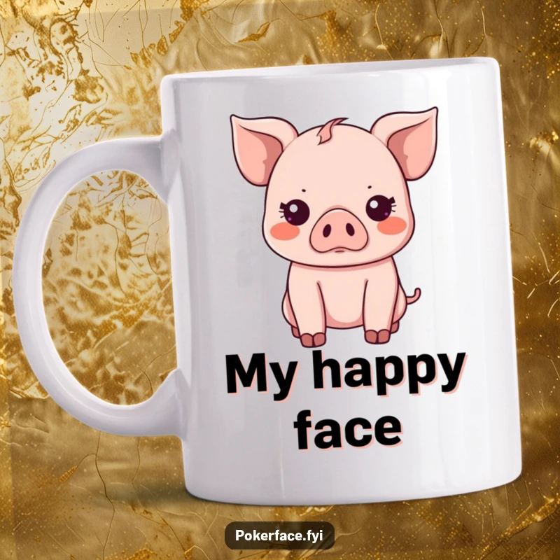 Funny Mug: Cute Kawaii piglet with a straight-faced, emotionless expression, exuding hilarious indifference.