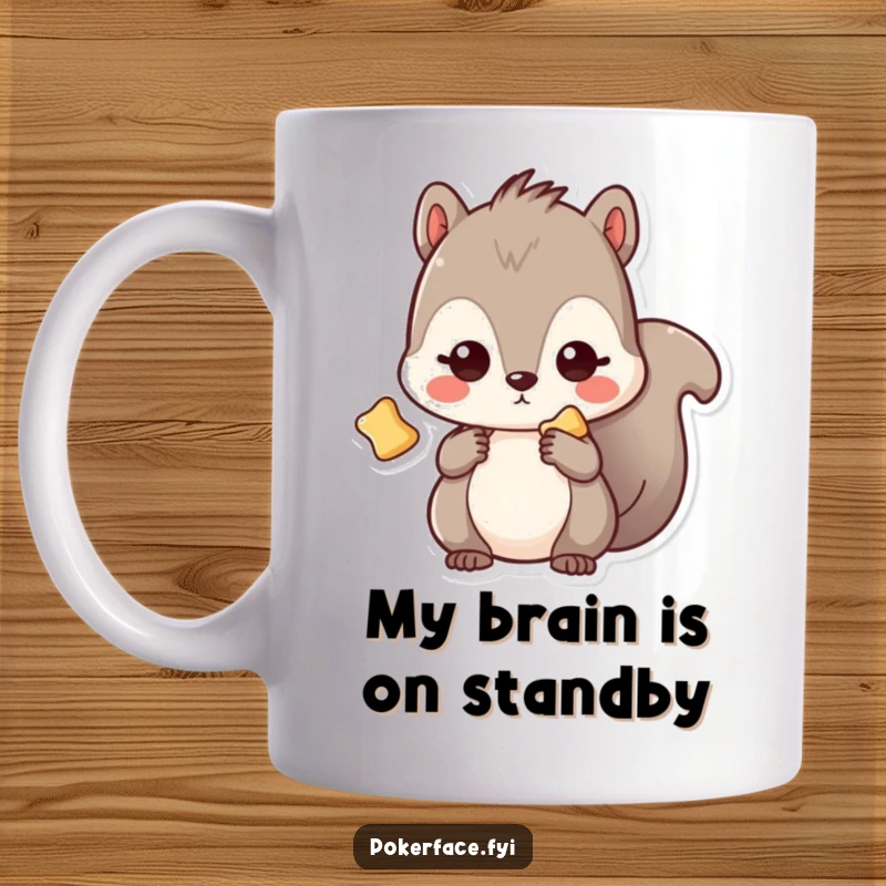 Funny Mug: Kawaii squirrel with blank stare, holding one potato chip, conveying utter chip obsession and hilarious emptiness.