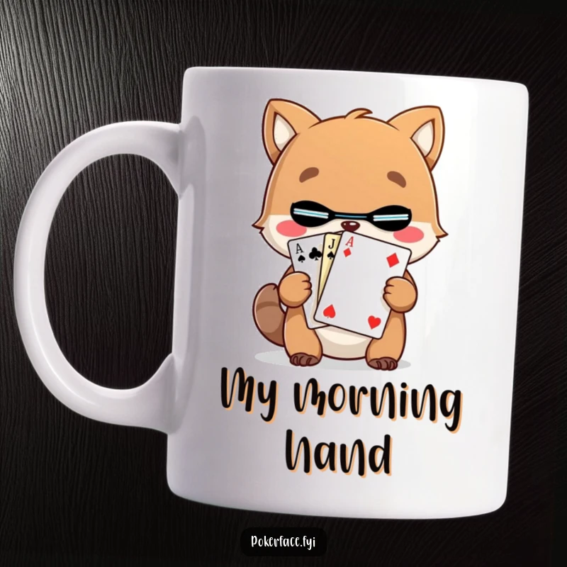 Funny Animal Mug holding a playing card with an unreadable face, embodying mystery and humor.