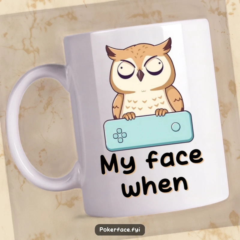 Funny Mug: Neutral owl character intensely watching a game with a blank expression, perfect for a gamer who loves funny gifts.