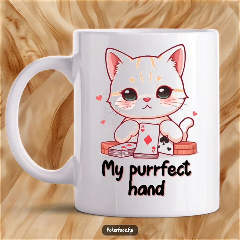Funny cat character with a perfectly neutral expression intensely playing a hand of cards on a coffee mug.