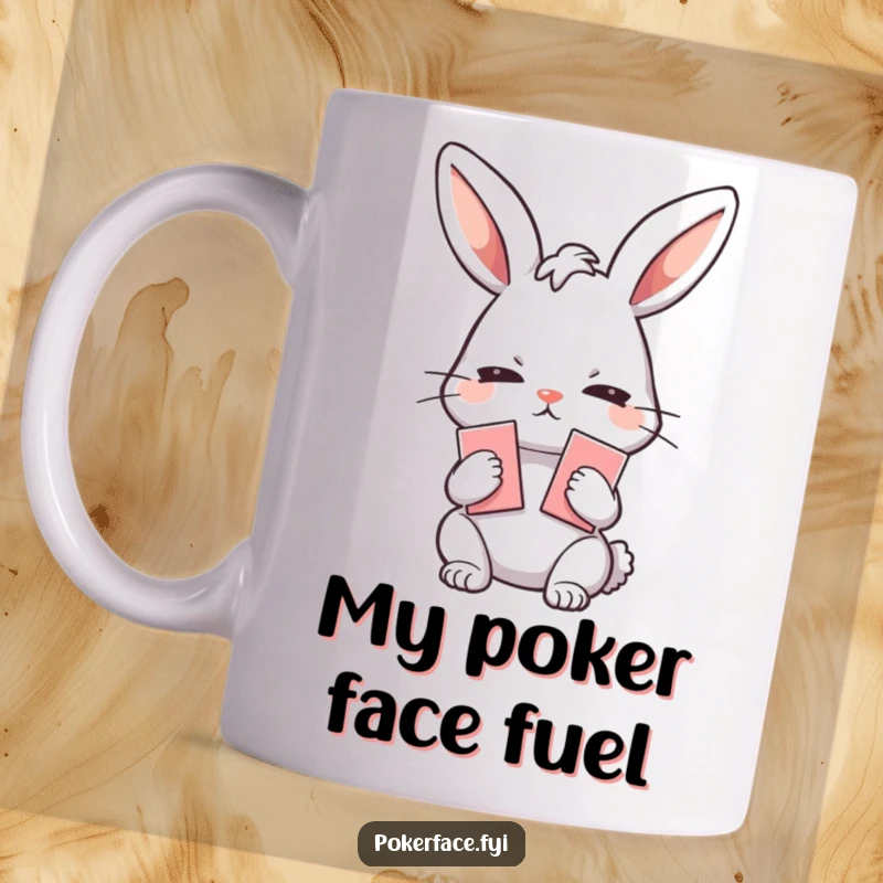 Funny Mug: Emotionless rabbit character holding playing cards, displaying a blank stare and poker face for a humorous, game-loving vibe.