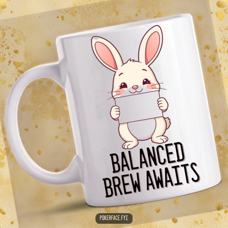 Funny Mug: Serene rabbit character holding a perfectly symmetrical card, a delightful funny gift.
