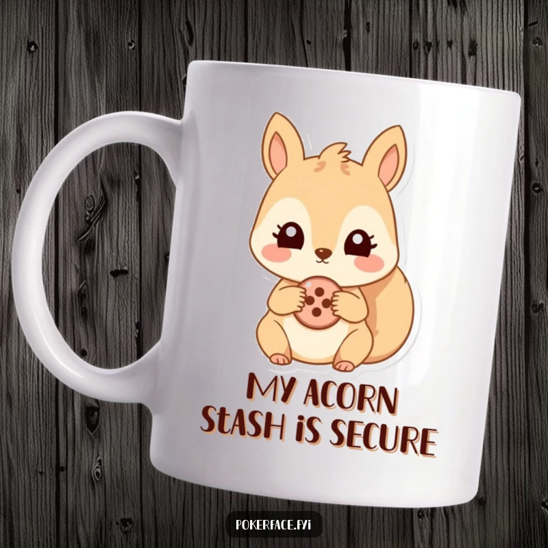 Funny mug featuring a cartoon squirrel with wide, unblinking eyes holding a single, prominent button. A humorous and quirky illustration.