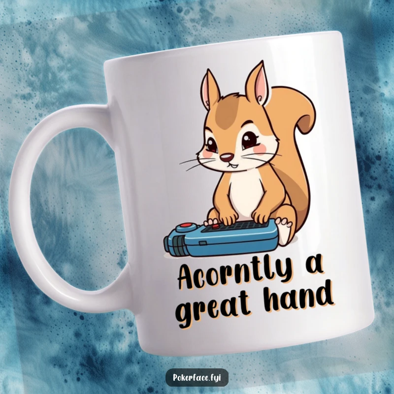 Funny squirrel mug depicting a squirrel with rigid focus, intensely concentrating on a poker game, nuts nearby forgotten.