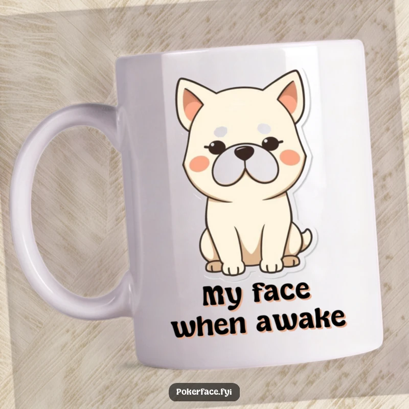 Funny dog mug featuring a stoic dog character with a blank, unmoving expression, perfect for lovers of pet humor.