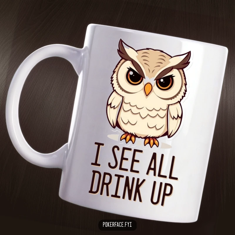 Funny Owl Mug featuring a stoic owl with unblinking eyes, exuding wisdom and calm, perfect for a thoughtful coffee break gift.