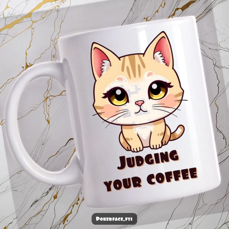 Funny mug features a cat character with wide, unblinking eyes intensely staring directly forward with a stoic expression.