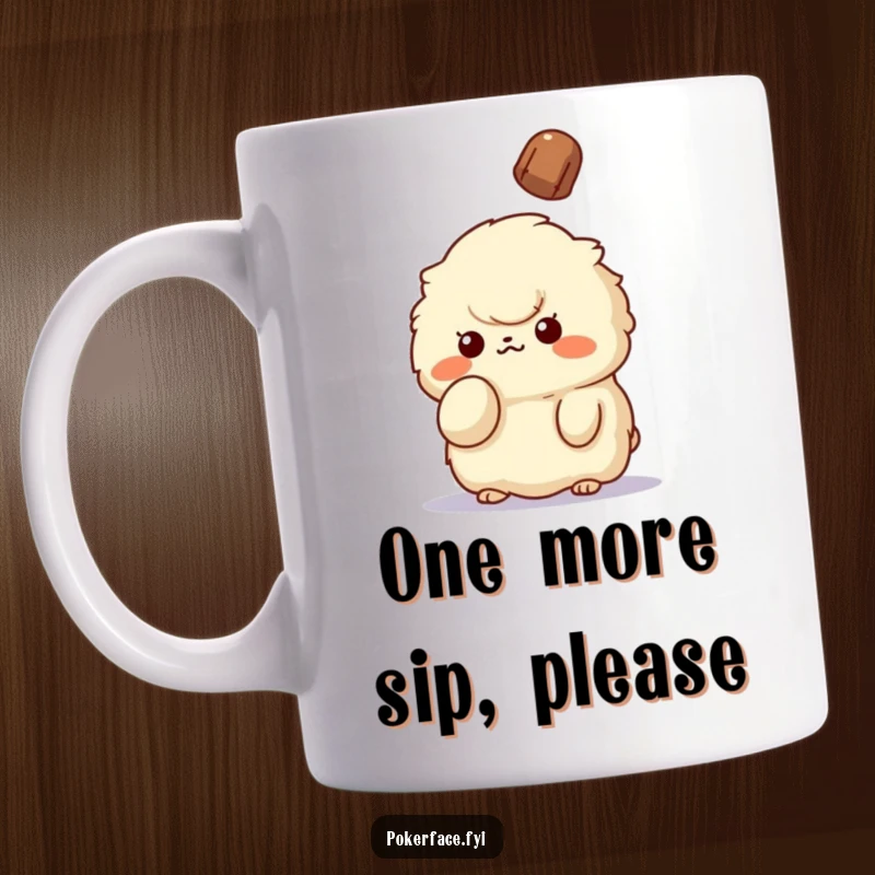 Funny Unbothered Creature Mug: Fluffy creature calmly holding up a finger, ignoring a falling object, radiating humorous indifference.