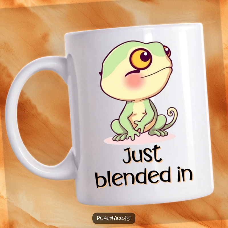 Funny Mug featuring a blushing chameleon turning plain beige, showcasing shy embarrassment and relatable humor.