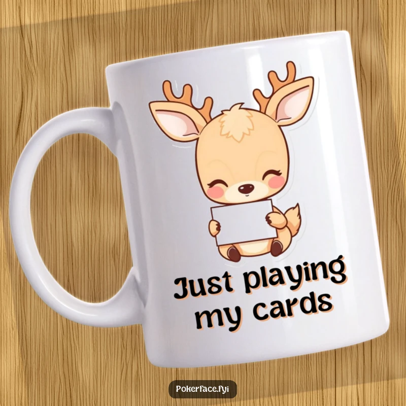 Funny Deer Mug: Placid deer with a neutral gaze holding a card, conveying understated humor.