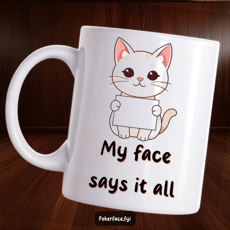 Funny Kawaii Cat Mug: A cute cat character with a poker face offering a card, adding a layer of quirky humor to your morning.