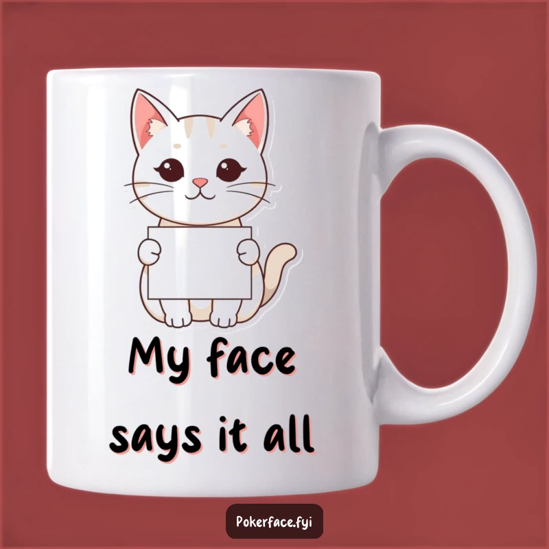 Funny Kawaii Cat Mug - Neutral Face Offers Card for Mystery Laughs